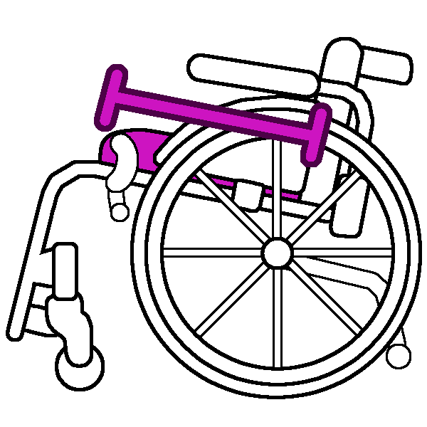 A black and white rigid wheelchair in profile, with a bright pink seat, and a measurement line from the back to front of the seat.